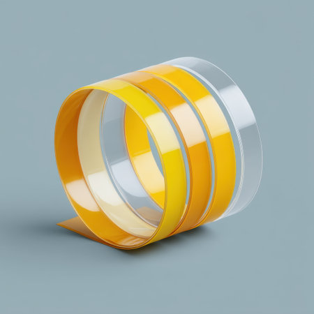 A vibrant arrangement of yellow and transparent tape stacked creatively against a soft blue background. Ideal for designers, crafters, and those seeking inspiration.の素材