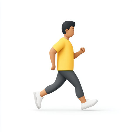 Cartoon character of a young man jogging in a yellow shirt and gray pants, embodying a healthy lifestyle and active motion against a clean white background.の素材