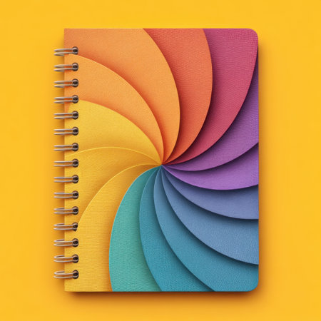 A vibrant spiral notebook featuring a unique multicolored page design set against a bright yellow background. Perfect for writers, students, and artists alike.の素材