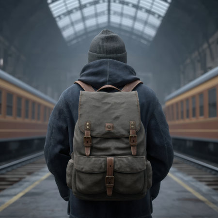 A solitary traveler stands in a dimly lit railway station, dressed warmly and holding a vintage backpack, evoking a sense of anticipation and adventure.の素材