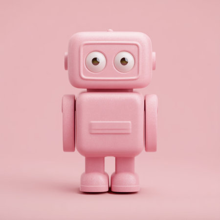 Charming pink robot toy with large eyes, perfect for children's themes, playful decor, and creative projects. A delightful addition to any playful setting.の素材