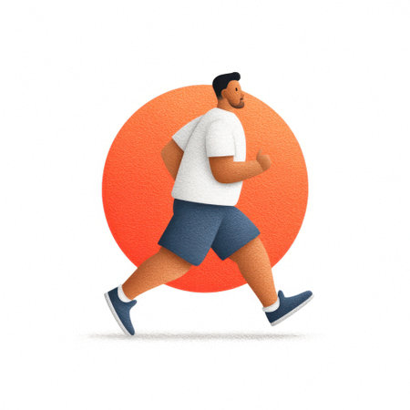An illustration of a man running in athletic gear against a vibrant orange background. This image embodies energy, movement, and a commitment to health and fitness.の素材