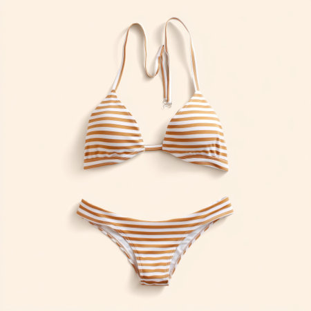 Brighten your summer wardrobe with this striped bikini set. Featuring a stylish design in orange and white, it is perfect for beach outings and pool days.の素材