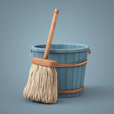 A simple yet effective scene featuring a blue wooden bucket and a mop, perfect for illustrating cleaning supplies and maintaining hygiene in various spaces.の素材