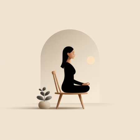 A tranquil depiction of a woman meditating in a minimalist setting, surrounded by natural elements, showcasing themes of peace, relaxation, and mindfulness.の素材