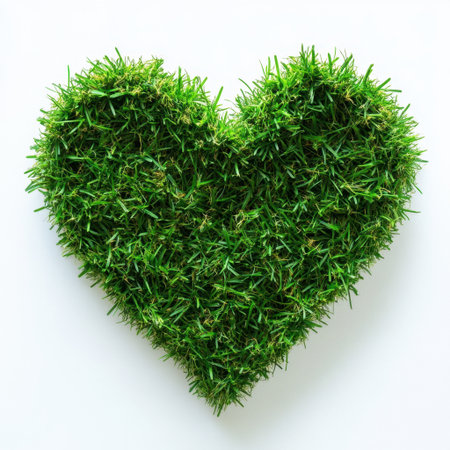This image features a heart shape crafted from vibrant green grass against a clean white background, perfect for themes of love, nature, and environmental consciousness.の素材