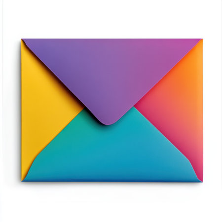 A vibrant envelope design featuring a stunning gradient blending purple, orange, yellow, and teal, ideal for modern communication projects and branding materials.の素材