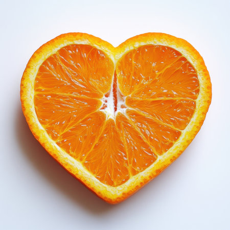 This image features a heart-shaped slice of fresh orange, showcasing its vibrant color and juicy texture. Perfect for health or culinary themes, this image adds a touch of freshness.の素材