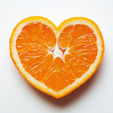 A stunning heart-shaped slice of orange captures attention with its vibrant colors and natural sweetness, symbolizing love for health and fresh produce. Perfect for various themes.の素材