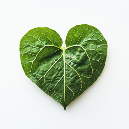 This image features a heart-shaped leaf with intricate veins, symbolizing love and nature's beauty. The vibrant green color against a plain backdrop enhances its aesthetic appeal.の素材