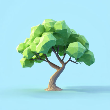 A vibrant low-poly 3D tree illustration with stylized foliage, perfect for modern design projects. This artwork highlights simplicity and creativity in nature.の素材