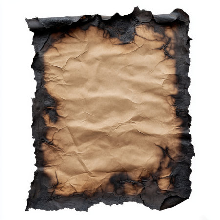 This image features an old burnt paper with charred edges and a textured surface, perfect for artistic projects, backgrounds, or vintage themes in design work.の素材