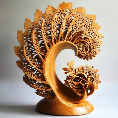 This stunning wooden sculpture showcases intricate craftsmanship, featuring elaborate floral motifs and elegant curves. Perfect for home decor or as a unique gift.の素材