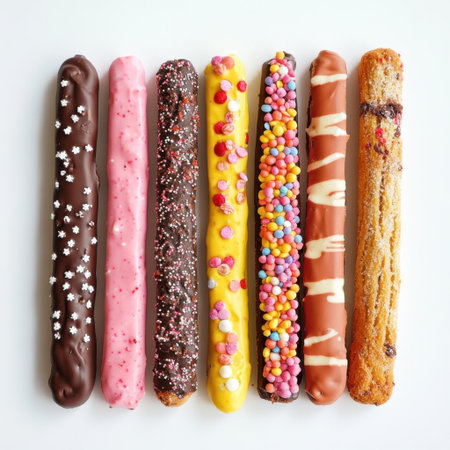 This image showcases a vibrant array of chocolate-covered sticks adorned with colorful toppings, perfect for enticing dessert ideas or party treats.の素材