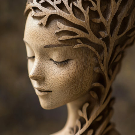 This captivating wooden sculpture features a serene female figure with detailed leaf designs, embodying artistry and elegance in natural-inspired decor for any space.の素材