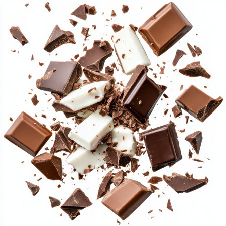 A stunning display of dark, milk, and white chocolate chunks and shards, perfect for dessert inspirations, culinary creations, or indulgent recipes.の素材