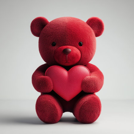 Adorable red teddy bear holding a bright heart plush toy creates a cheerful ambiance. Perfect for Valentine's Day gifts or children's decor and celebrations.の素材