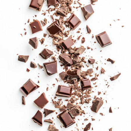 A stunning display of rich dark chocolate chunks and shavings scattered on a pure white background, perfect for any culinary theme or dessert-focused project.の素材