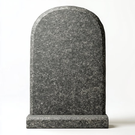 This elegant gray granite tombstone stands in isolation against a white background, symbolizing remembrance and loss while offering a serene and reflective aesthetic.の素材