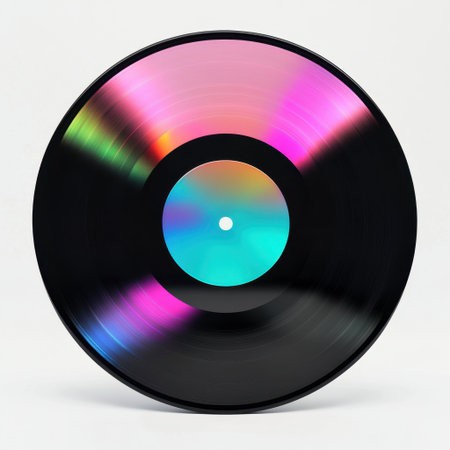 This image features a colorful vinyl record with vibrant reflections, ideal for projects related to music, nostalgia, and artistic expression. Perfect for creative use!の素材