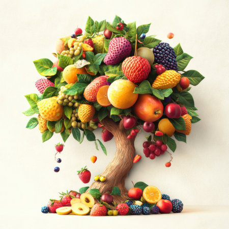 A stunning illustration of a fruit tree bursting with a variety of colorful fruits and lush green leaves, symbolizing abundance and the beauty of nature bounty.の素材