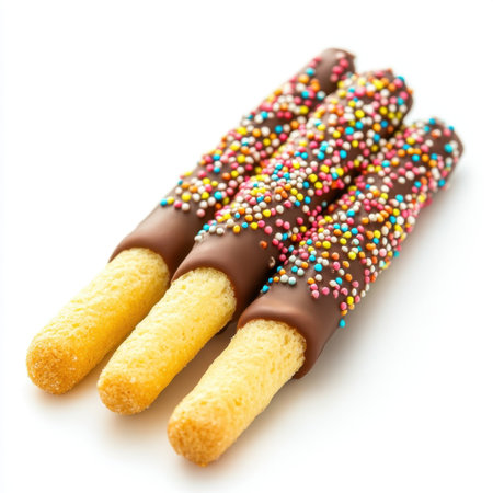 Delightful chocolate-dipped snack sticks adorned with colorful sprinkles on a clean white background, perfect for any dessert table or sweet treat collections.の素材