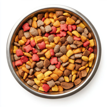 A vibrant assortment of dry pet food in a steel bowl, showcasing a variety of shapes and colors, perfect for promoting pet nutrition and healthy feeding habits.の素材