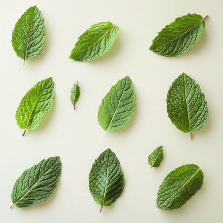A captivating arrangement of fresh mint leaves displaying various sizes and textures against a soft cream background, ideal for culinary, wellness, and nature themes.の素材