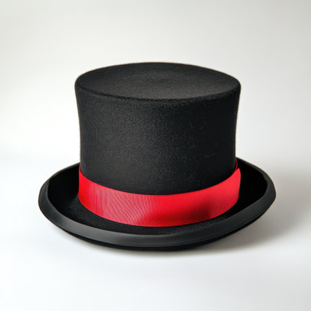 A classic black top hat featuring a vibrant red satin band. Ideal for vintage costumes, theatrical performances, and festive occasions, this elegant accessory adds charm and sophistication.の素材