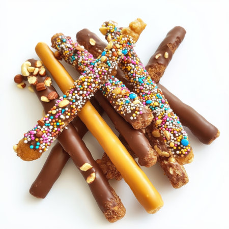 A delightful arrangement of colorful snack sticks coated in chocolate, sprinkles, and nuts on a clean white background, perfect for parties and celebrations.の素材
