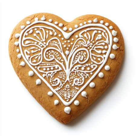 This heart-shaped cookie features beautiful white icing designs, making it an attractive treat for celebrations, holidays, or anytime you need a sweet touch.の素材