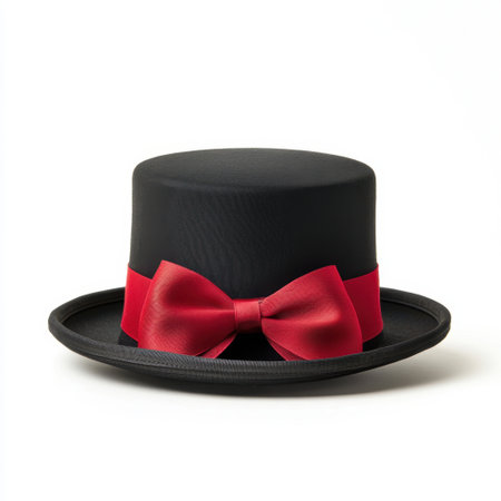 This elegant black top hat features a striking red satin ribbon bow, ideal for formal events, performances, or costume inspirations showcasing timeless charm and style.の素材