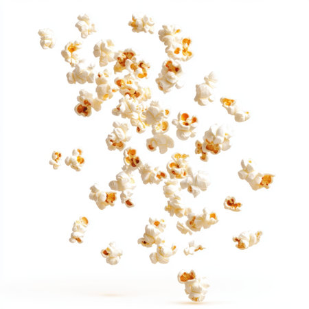 A dynamic scene featuring popcorn pieces suspended in mid-air against a clean, white background. Ideal for themes of food, celebration, and entertainment.の素材