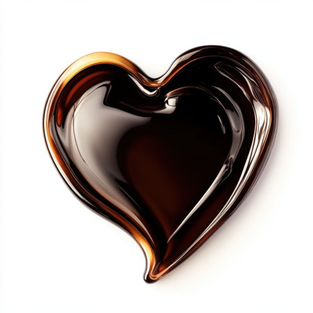 A heart-shaped puddle of glossy brown liquid on a white background, perfect for themes of love, sweetness, or culinary delight in visual projects.の素材