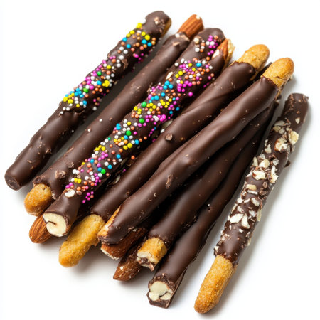 A colorful assortment of chocolate-dipped sticks features almonds, nuts, and vibrant sprinkles, perfect for parties, celebrations, or gourmet snack ideas.の素材