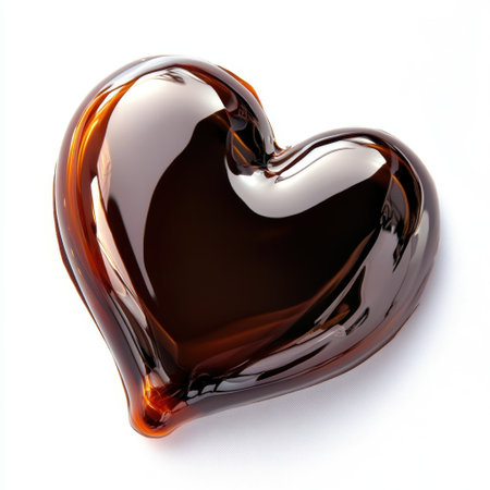 A glossy heart-shaped liquid figure sits on a white background, showcasing smooth curves and a rich brown hue, evoking feelings of love and beauty.の素材
