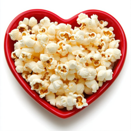 A vibrant heart-shaped bowl brimming with fresh popcorn, ideal for movie nights or cozy gatherings, adding warmth and joy to any snack occasion.の素材