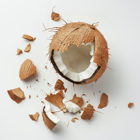 A fresh coconut shell lies broken against a clean white backdrop, revealing its interior. This image captures tropical vibes and can enhance culinary or wellness-related content.の素材