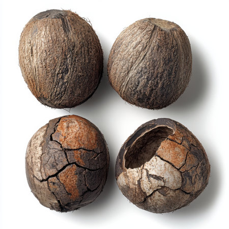 A captivating display of various natural shells from hard fruits, showcasing their unique textures and colors on a clean white surface, perfect for organic themes.の素材