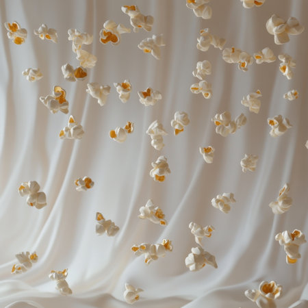 A captivating arrangement of floating popcorn kernels against a soft, draped fabric backdrop, ideal for creative food photography and culinary inspiration.の素材