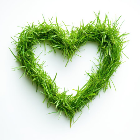 A heart-shaped arrangement crafted from fresh green grass against a clean white background. This image symbolizes love, nature, and environmental awareness, perfect for eco-themed projects.の素材