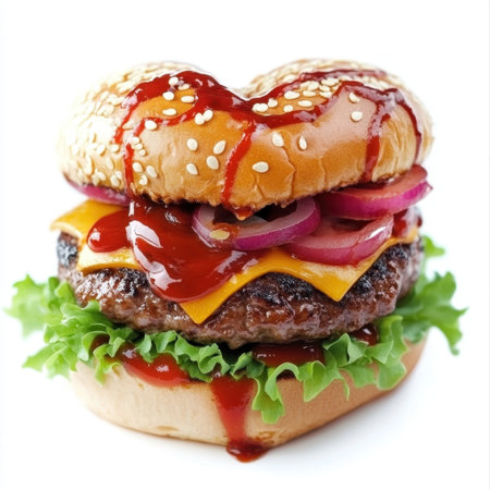A mouthwatering hamburger featuring a thick beef patty, melted cheese, fresh lettuce, and caramelized onions, all nestled in a sesame seed bun with rich ketchup.の素材