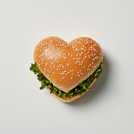 This heart-shaped hamburger presents a creative take on love and food. Featuring fresh lettuce and a sesame seed bun, it is perfect for romantic meals.の素材