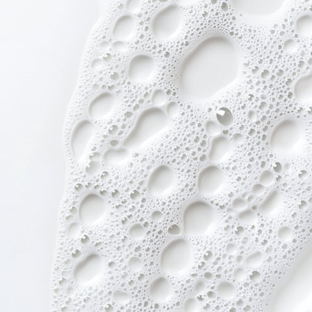 This image features an intricate close-up of white foam bubbles against a smooth surface, creating an abstract visual with textures perfect for artistic projects.の素材