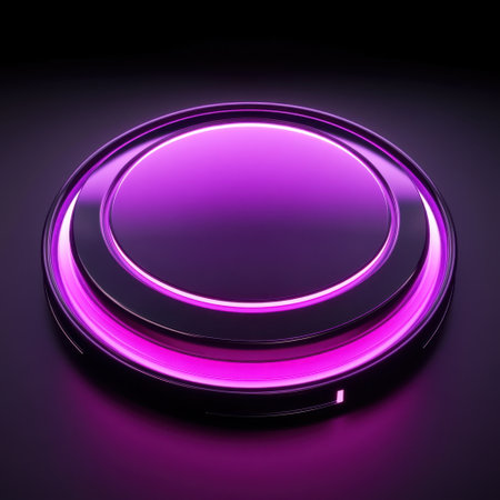 This image showcases a glossy neon button with a vibrant purple glow, perfect for technology applications, user interfaces, and modern design concepts.の素材