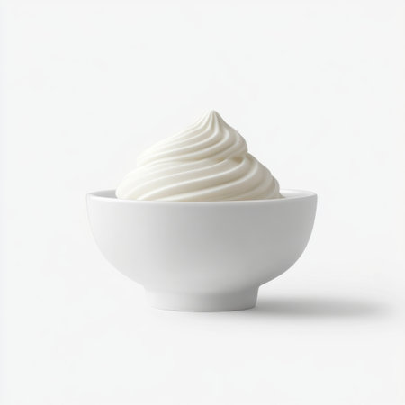 This image features a smooth and creamy whipped topping elegantly presented in a white bowl, ideal for enhancing desserts and adding a touch of indulgence.の素材