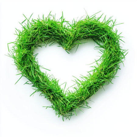 A heart-shaped arrangement of fresh green grass symbolizes love and nature's beauty. This eco-friendly image promotes a sustainable lifestyle and harmony with nature.の素材