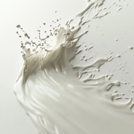 Capturing the essence of fluid movement, this image features a dynamic splash of liquid cream on a smooth white surface, emphasizing beauty and simplicity.の素材