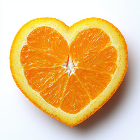 This image features a vibrant heart-shaped orange slice on a clean white background. Perfect for promoting healthy eating, love themes, or colorful food photography.の素材