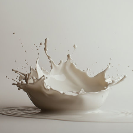 A captivating image featuring a splash of white liquid originating from a bowl, showcasing intricate droplets and ripples. The smooth surface enhances the elegant motion.の素材